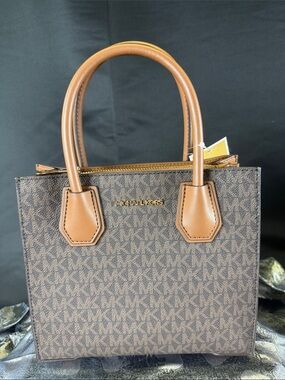 Michael Kors Brown Signature Satchel with Tan Leather Handles